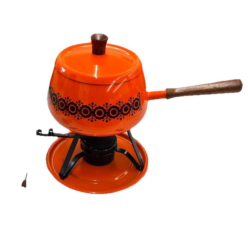 MCM Fondue Pot Set Orange Floral Print Japan 1970 Retro 6 Color Skewer Forks